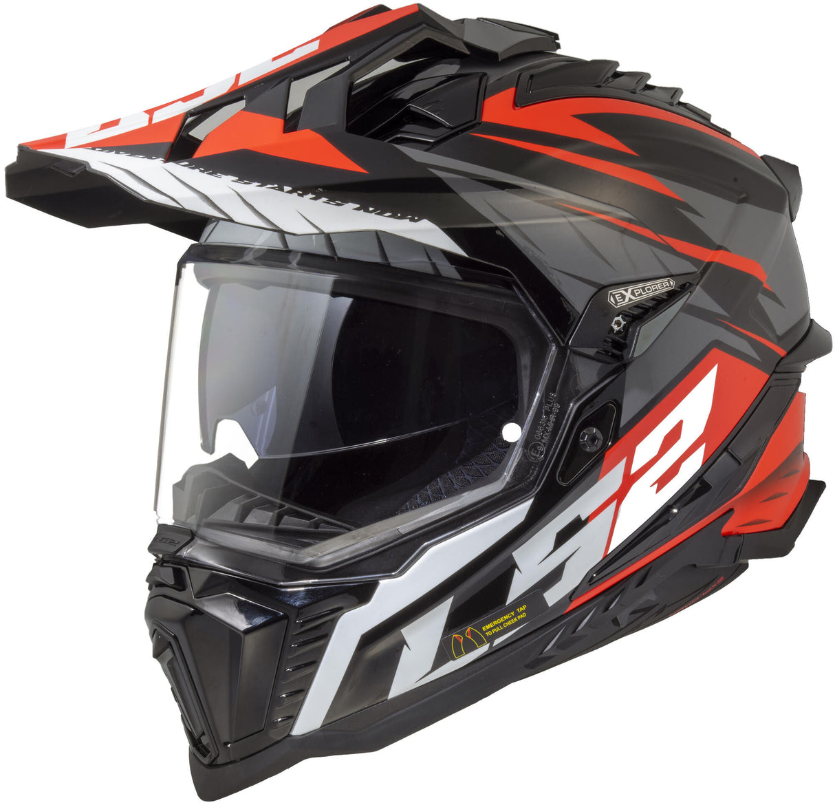 LS2 enduro helmet MX701 Explorer Spire, liner, rescue cheek pads, micrometric closure, removable peak, prepared for helmet communication, Pinlock 70 Maxvision™. Helmet MX701 Explorer Spire M BL. Grey Red