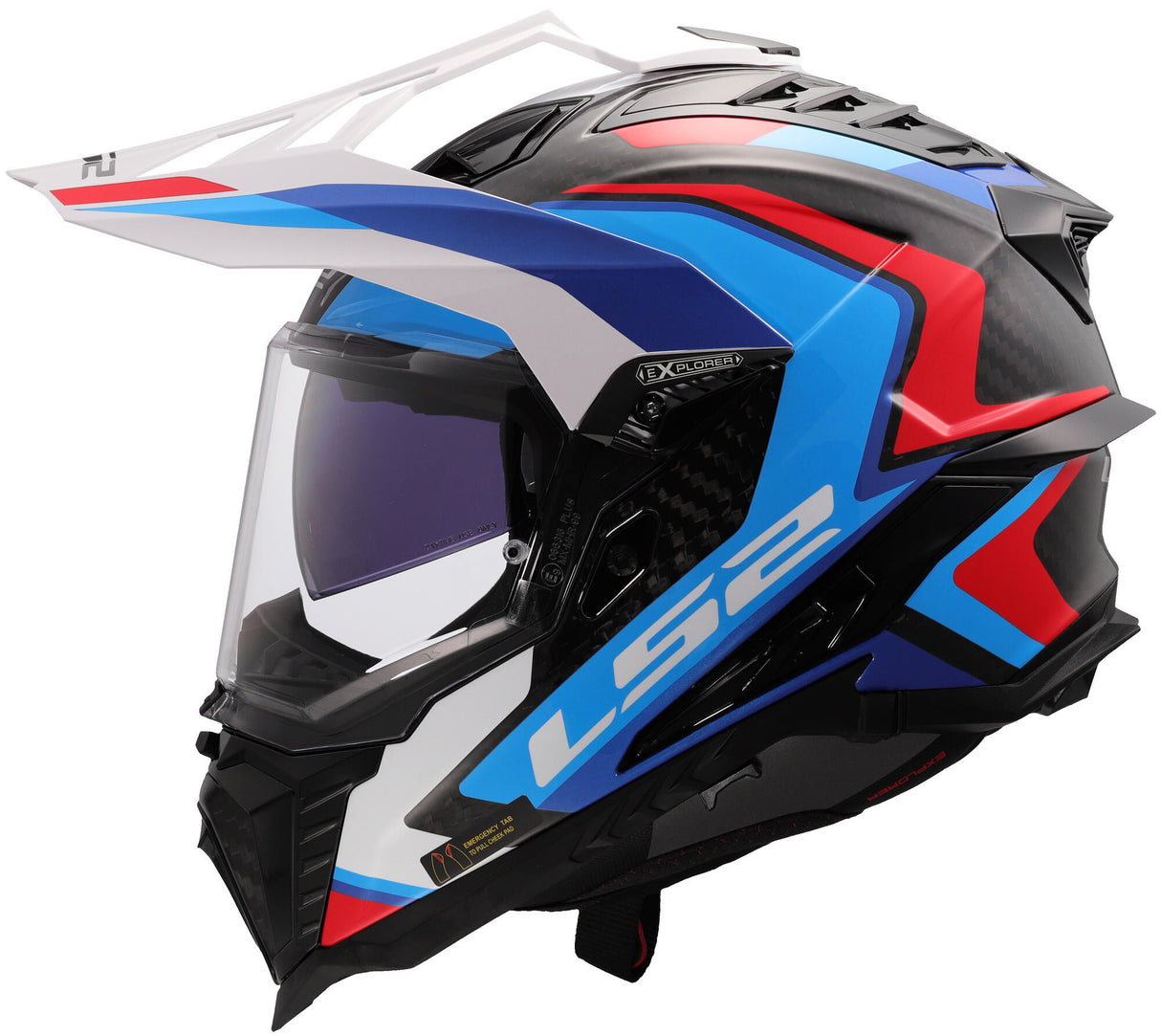 Ls2 endurohelm mx701 explorer carbon frontier ii , inwendig zonnevizier, uitneembaar, wasbaar, hypoallergeen en ademend, verstevigde kinriem, rescue wangkussentjes, dubbele d-voering helmet mx701 expl. car.fr.ii l wh blue bl