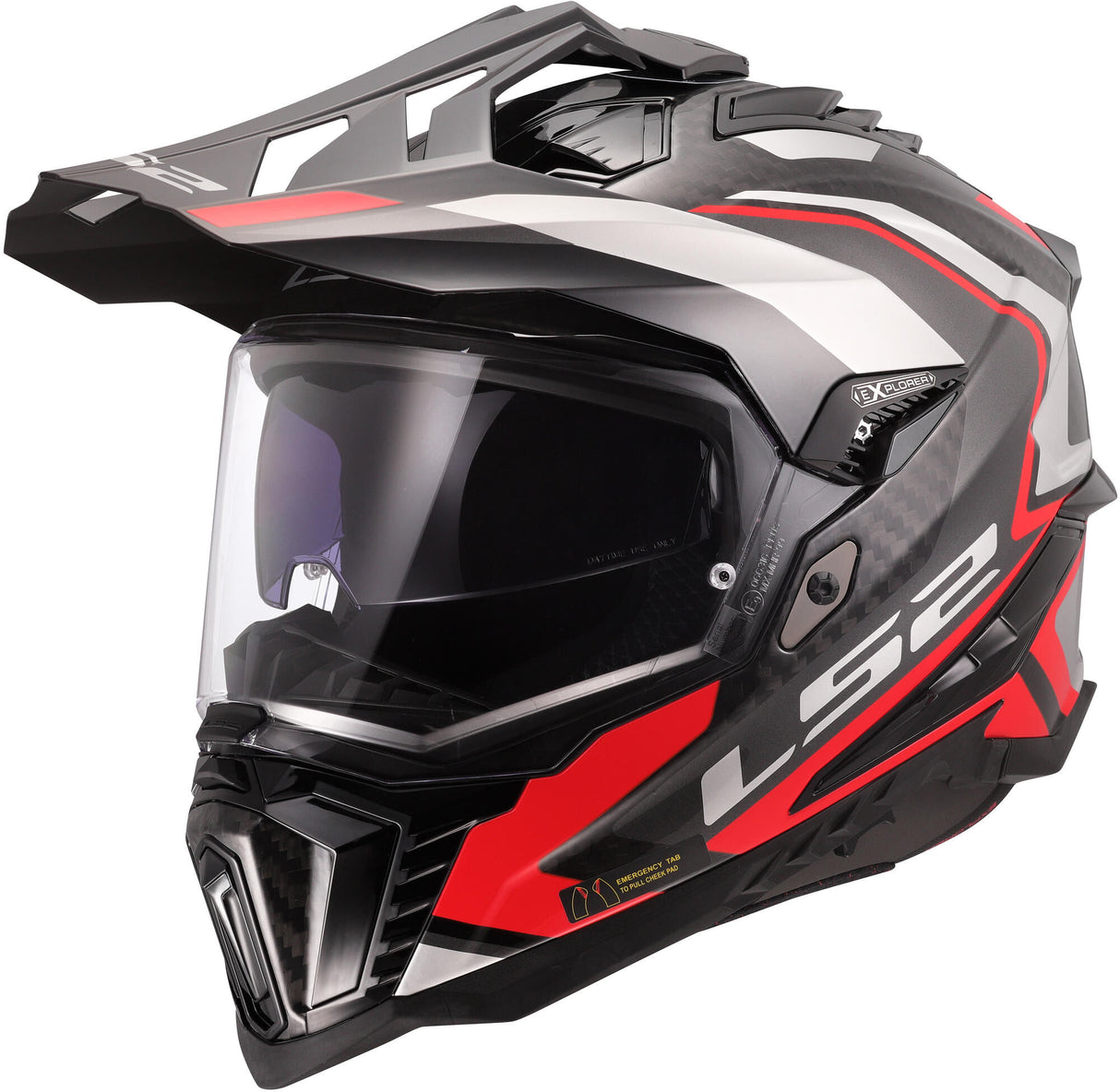 Ls2 endurohelm mx701 explorer carbon frontier ii , inwendig zonnevizier, uitneembaar, wasbaar, hypoallergeen en ademend, verstevigde kinriem, rescue wangkussentjes, dubbele d-voering helmet mx701 expl. car.fr.ii xl red black