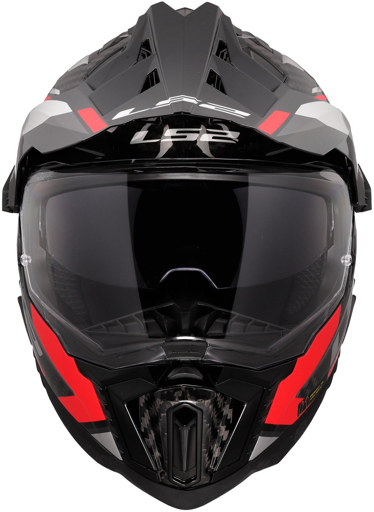 Ls2 endurohelm mx701 explorer carbon frontier ii , inwendig zonnevizier, uitneembaar, wasbaar, hypoallergeen en ademend, verstevigde kinriem, rescue wangkussentjes, dubbele d-voering helmet mx701 expl. car.fr.ii xl red black