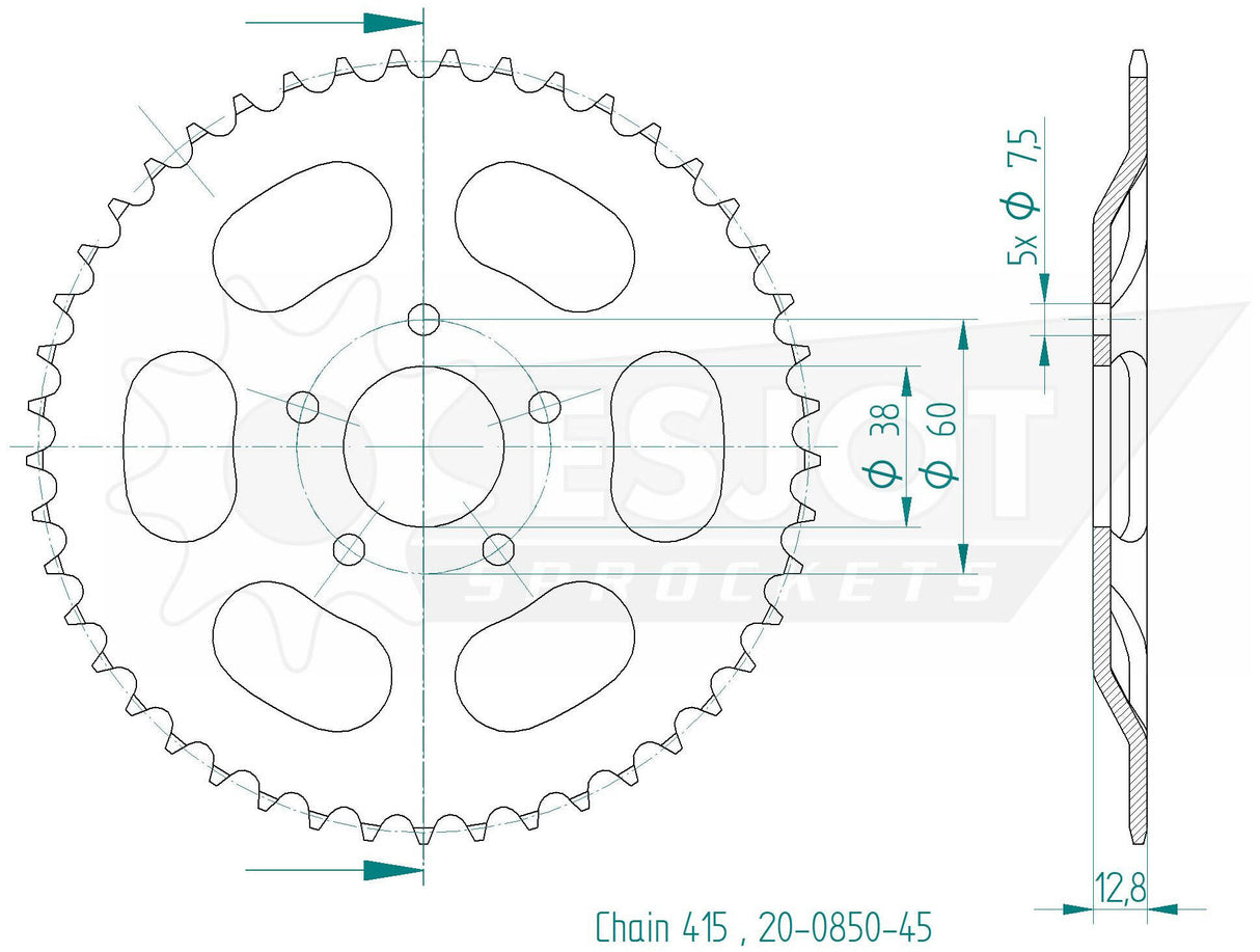 Esjot achtertandwiel 0850 chain wheel 415 45z steel black
