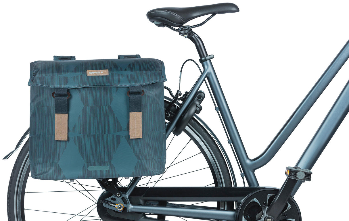 Basil Elegance Double Bicycle Bag, Blue, Recycled PET, Feeded, Water retaining closure, Universal Bridge, 40-49L