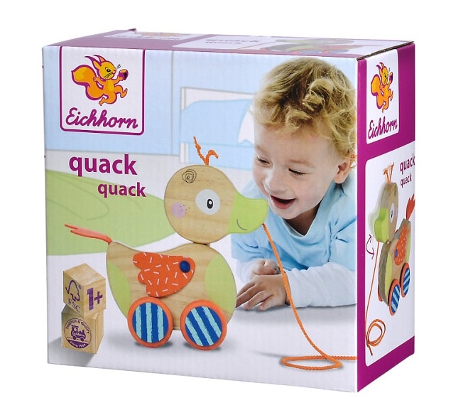 Jonotoys eichhorn kwak wooden pull duck on a string with movable head.