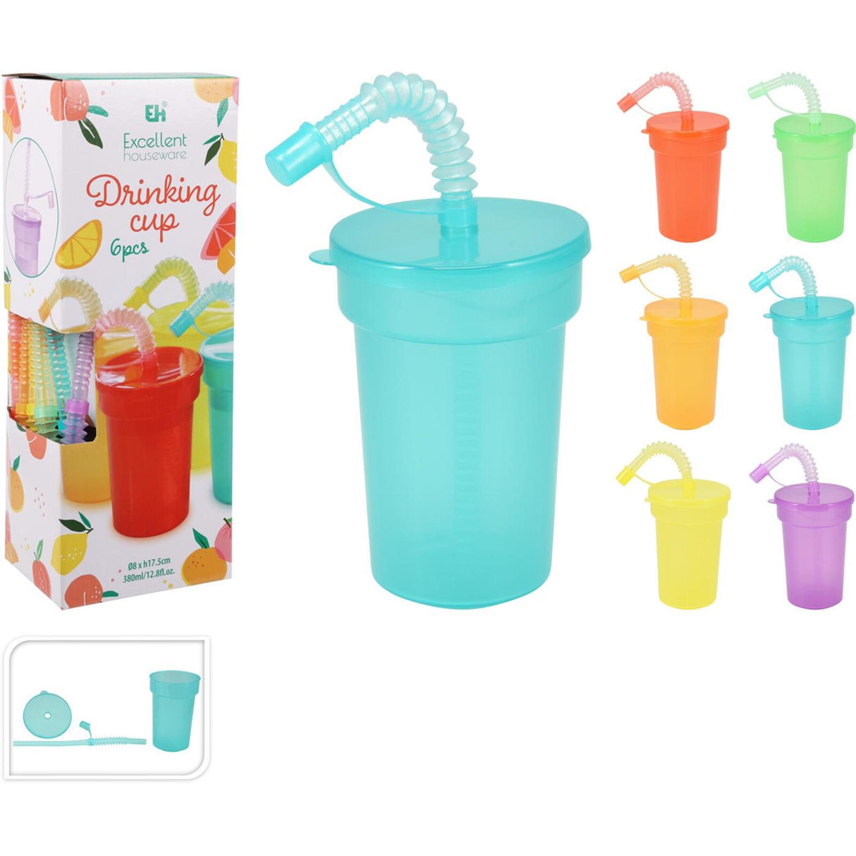 Colored drinking cups with straw, 6 pcs.