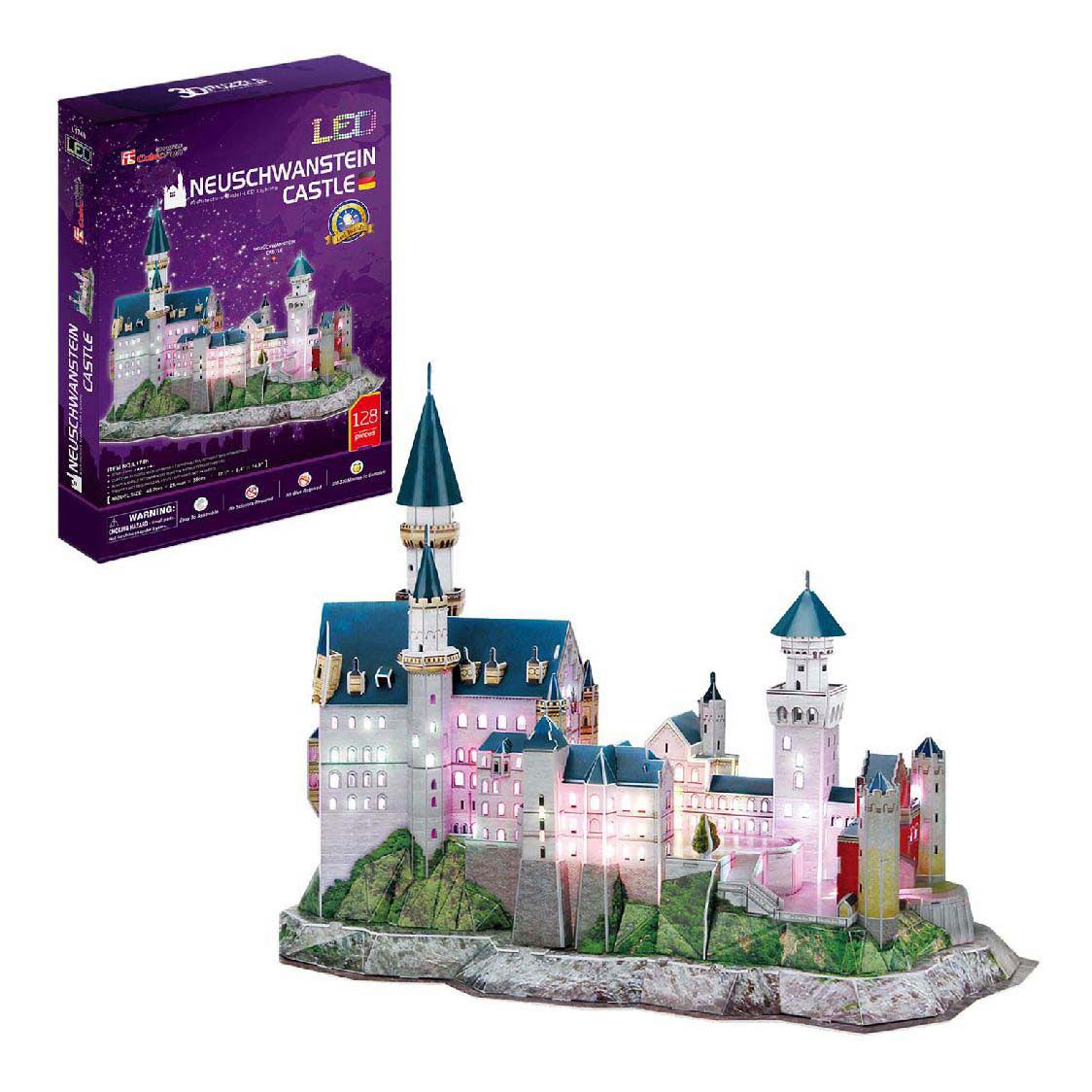 Puzal 3D spraoi ciúbach Caisleán Neuschwanstein le soilsiú LED