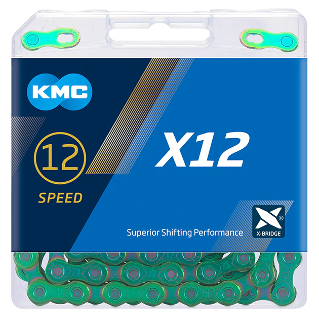 Corrente Shimano kmc x12 encerado 126 elos - verde aurora
