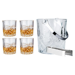 Whiskey set glass with 4 glasses, ice bucket and ice rig