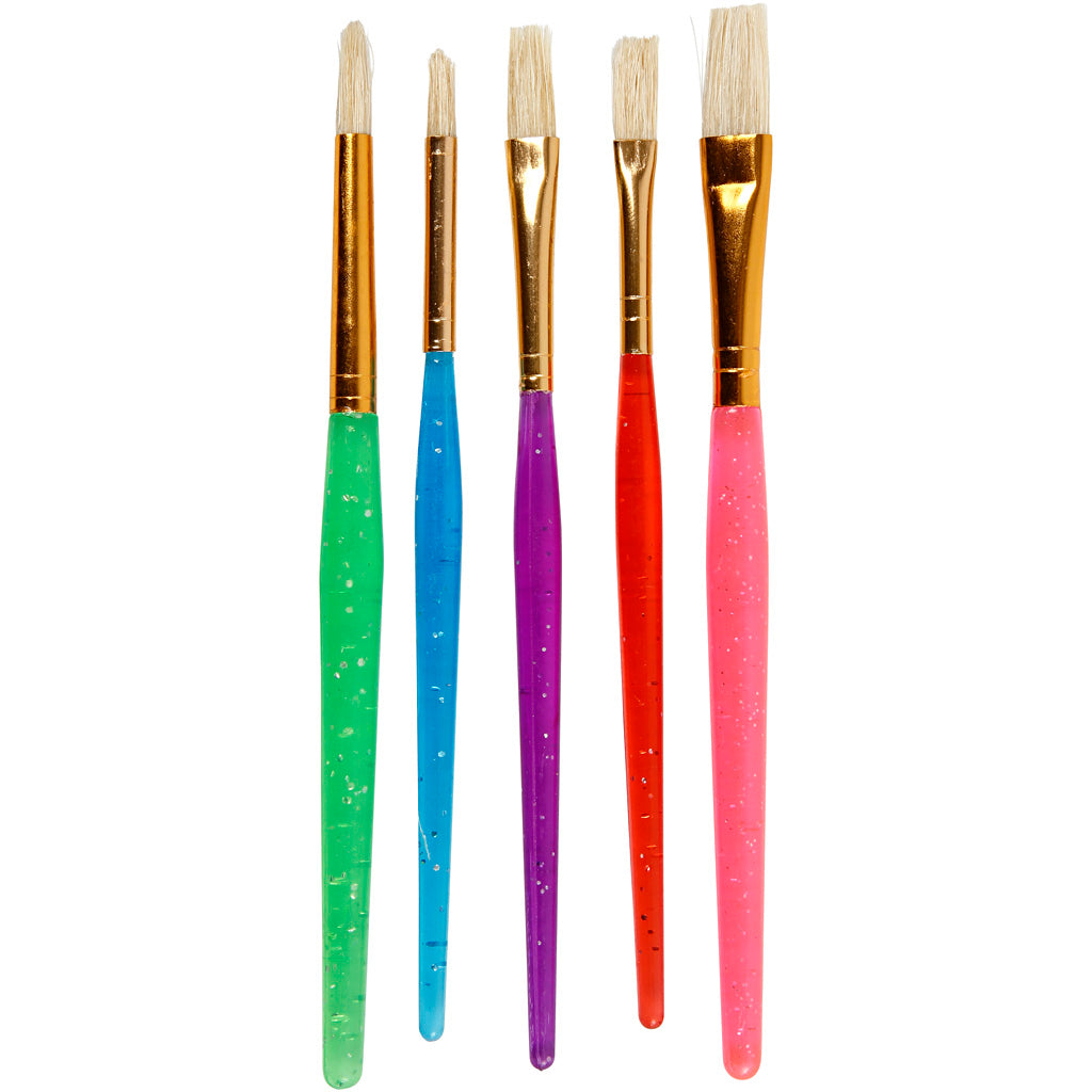 Creativ Company Pinsel für Kinder, Größe 8+12+18, L: 14-16 cm, B: 5-10 mm, flach, rund, verschiedene Farben, 5 Stück 1 Box