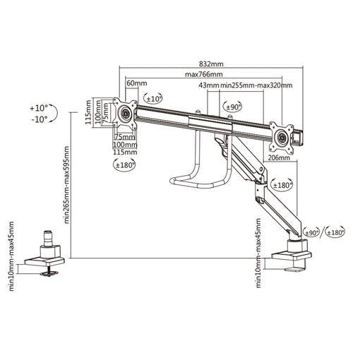 Neomounts NM -D775DXBLACH FLAT Screen Desk Mount TV Clamp, 8 kg, 10 - 32) 100x100 mm, Bla