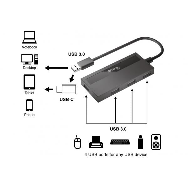 Ausrüstung 128956 4-Port USB 3.0 Hub mit USB-C-Adapter, USB 3.2 Gen 1 Typ-A, 5000 Mbit S, Schwarz