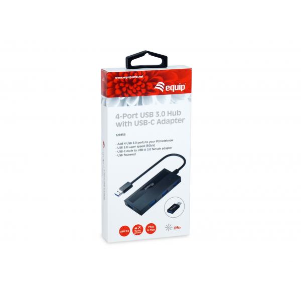 Ausrüstung 128956 4-Port USB 3.0 Hub mit USB-C-Adapter, USB 3.2 Gen 1 Typ-A, 5000 Mbit S, Schwarz