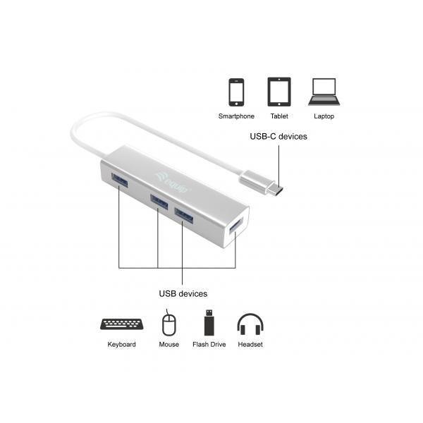 Ausrüstung 128958 USB-C bis 4-Port USB 3.0 Hubs, USB 3.2 Gen 1 Typ-C, Typ-A, 5000 Mbits, Silber