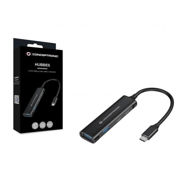 Concepttronic Hubbies12B Hubbies 4-Port USB 3.0 Hub, 2 USB-C 2 USB-A Ports, Aluminum Case, USB-C