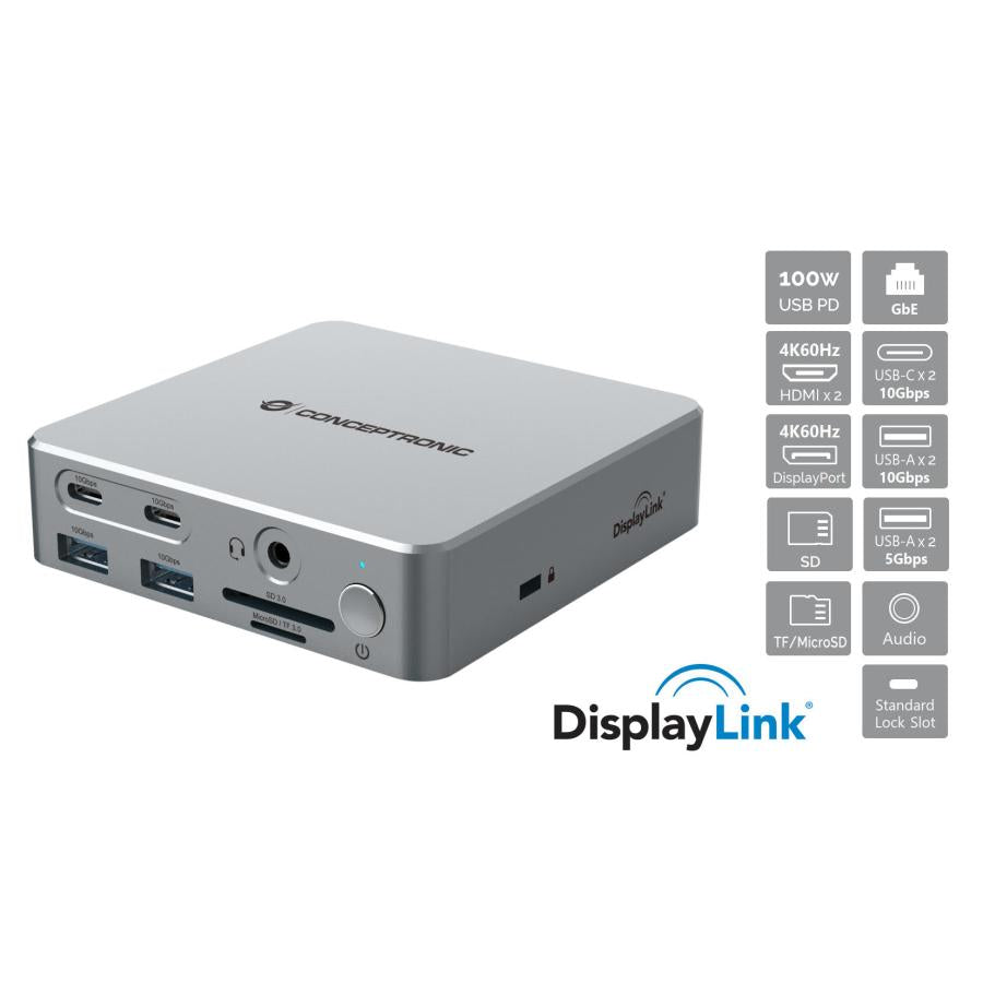 Conceptronic Donn25G 15 in 1 DisplayLink USB 3.2 Gen 2 Docking Station, tipo C 10 Gbps, USB-A X2