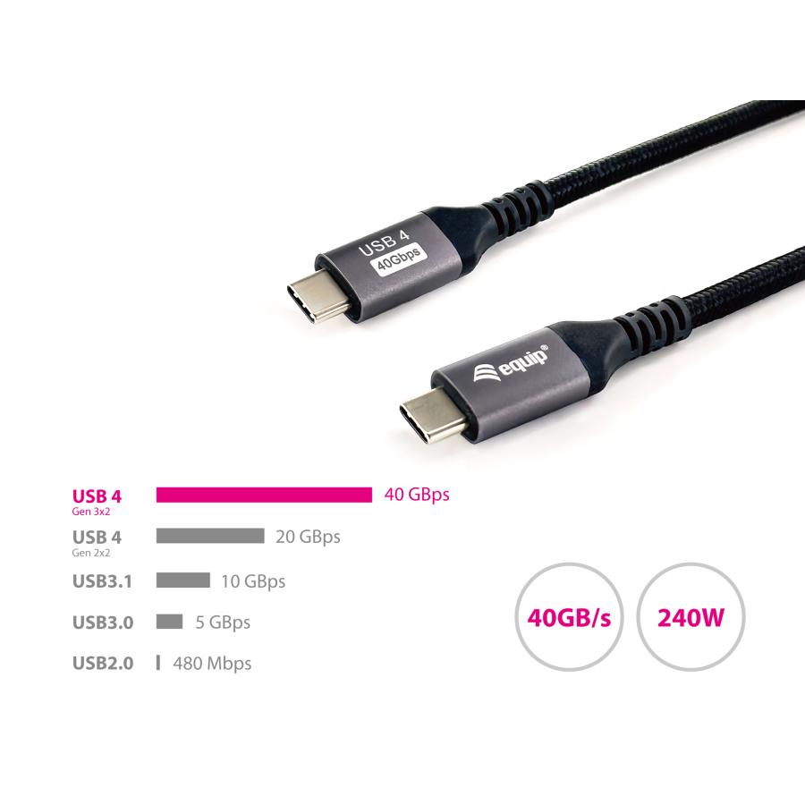 Equip 128383 USB 4 Gen 3 C to C Cable, M M, PD3.1 240W, 8K 60HZ, 40Gbps, USB C, USB4 Gen 3x2, 2 M