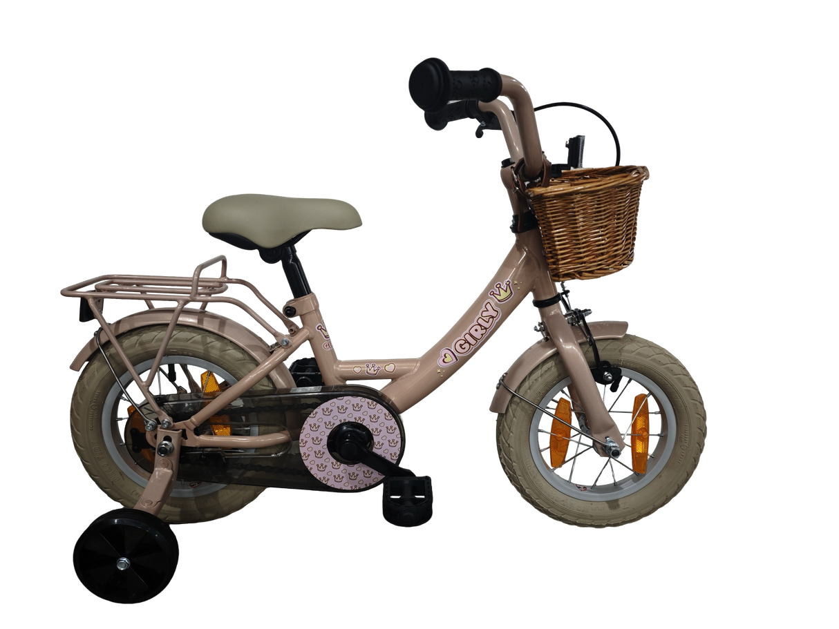 Bikefun kinderfiets girly 12 inch - met mandje, zijwieltjes en remnaaf - roze