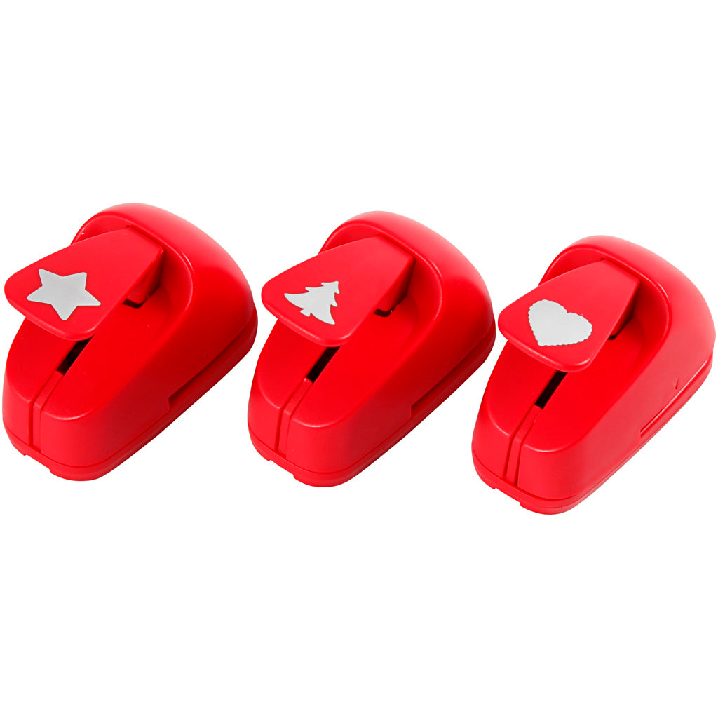 Punches, star, heart, Christmas tree, size 16 mm, red, 3 pieces 1 set