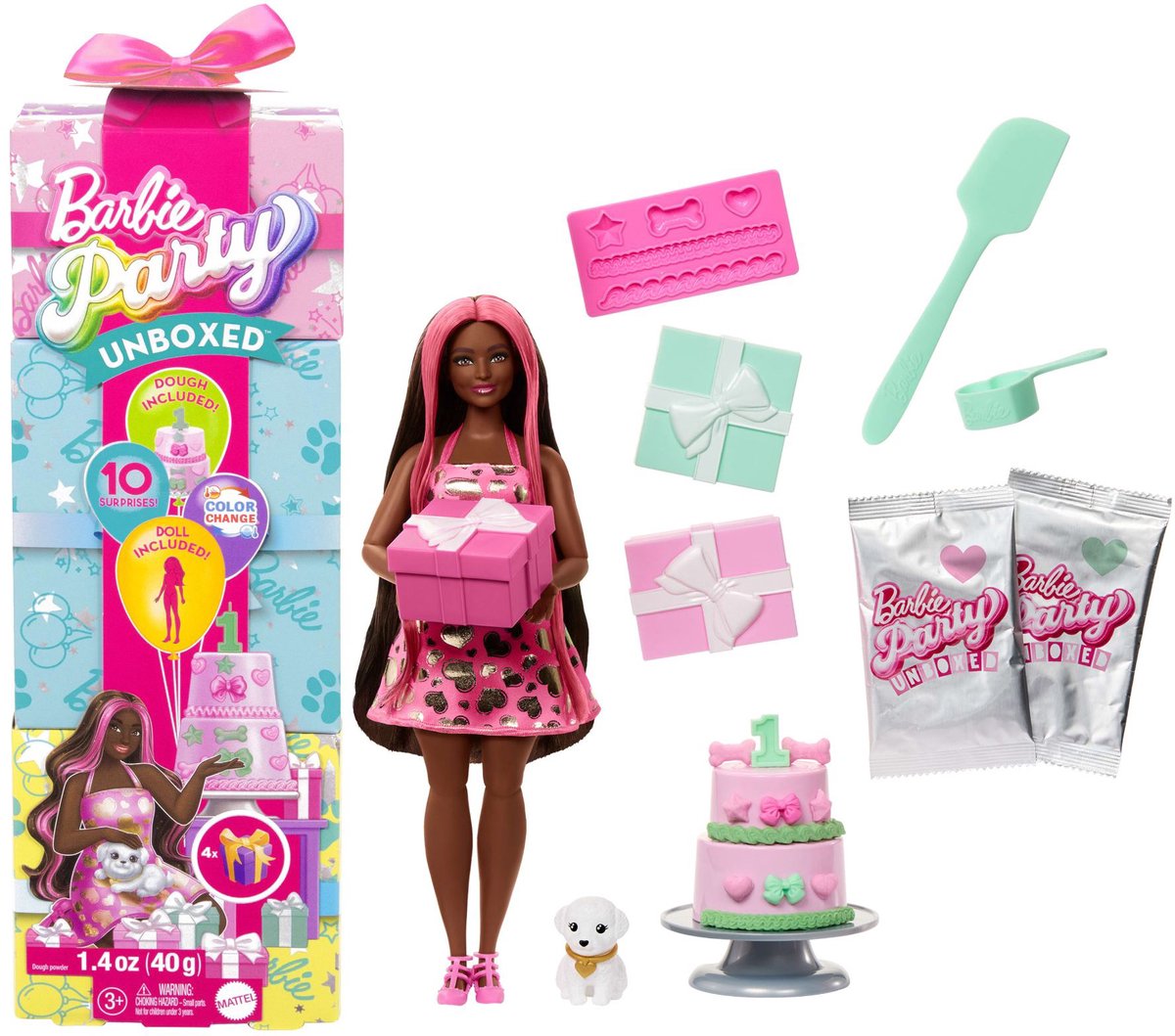 Barbie party unboxed 2 1 boneca com vestido rosa brilhante