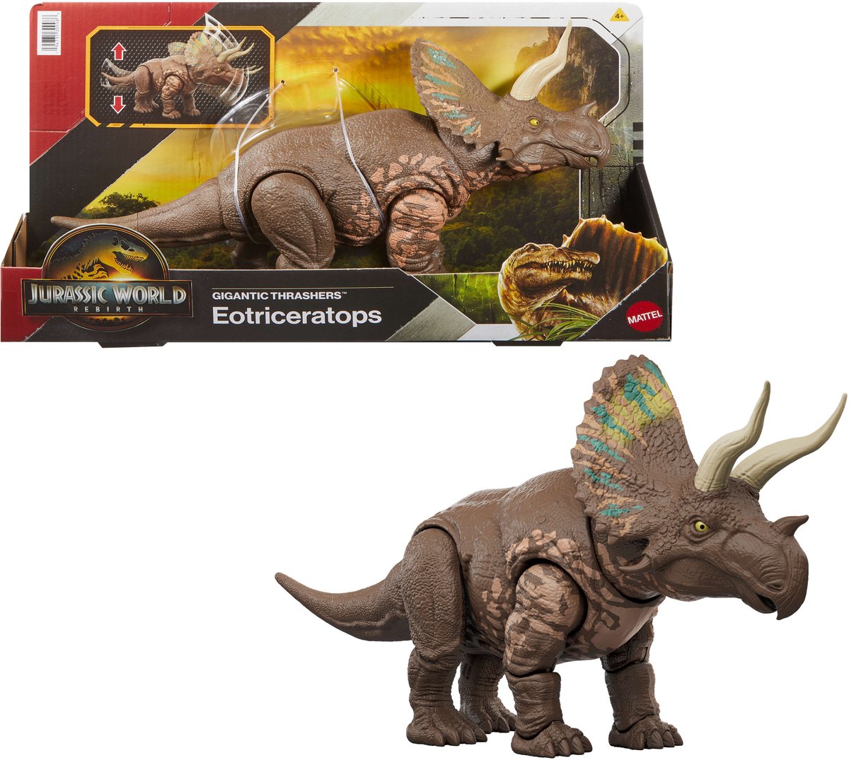 Mattel jurassic world rebirth gigantische verwoesters eotriceratops, dinosaurusfiguur, speelgoed, grote soort, staart activeert vernietigende aanvallen, digitaal spelen