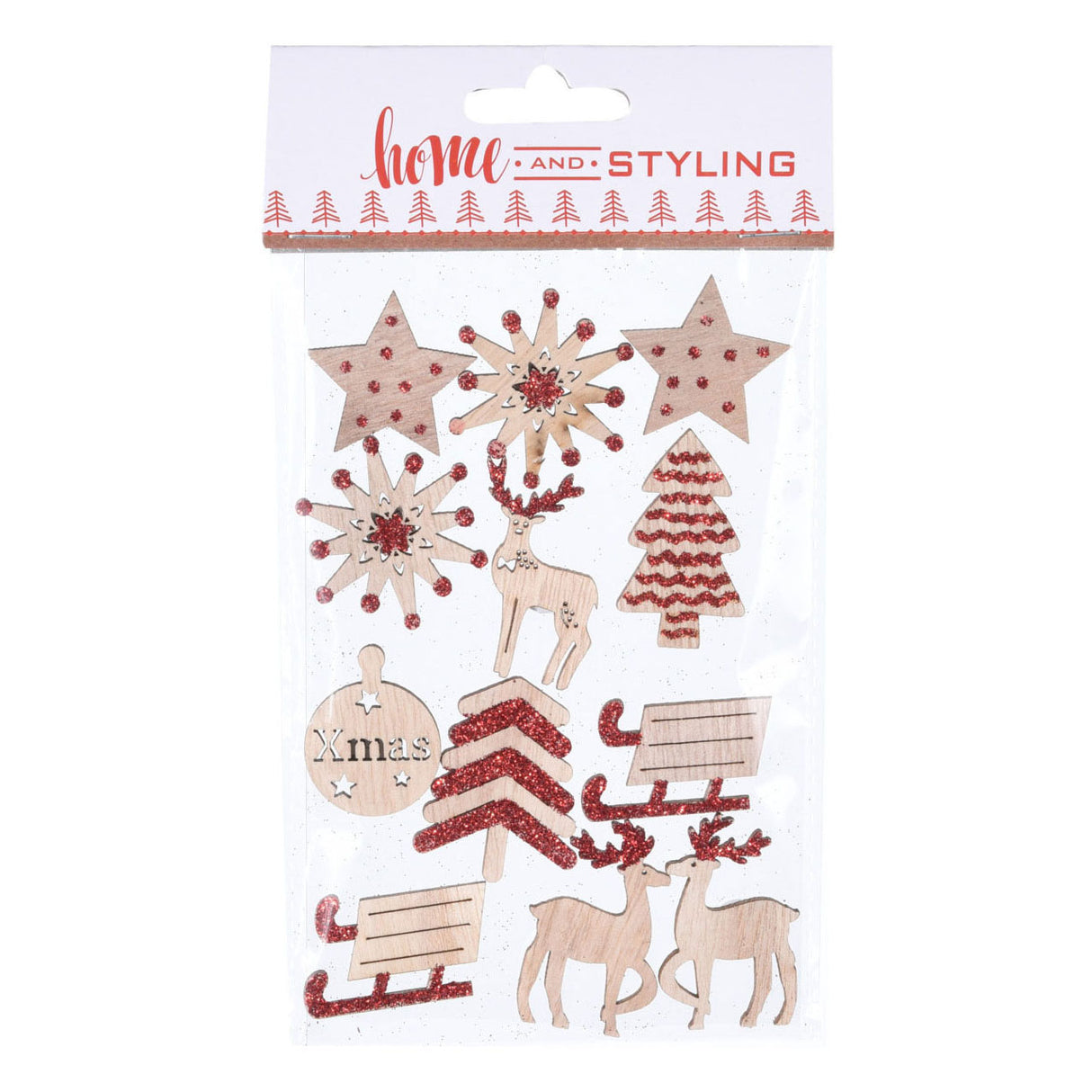 Sticker wood with glitter red, 12st.
