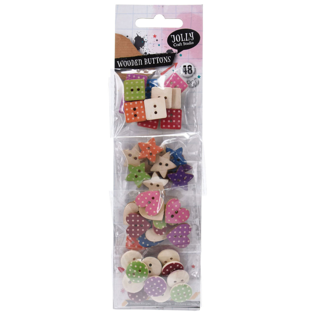 Wooden craft buttons with dots, 48st.