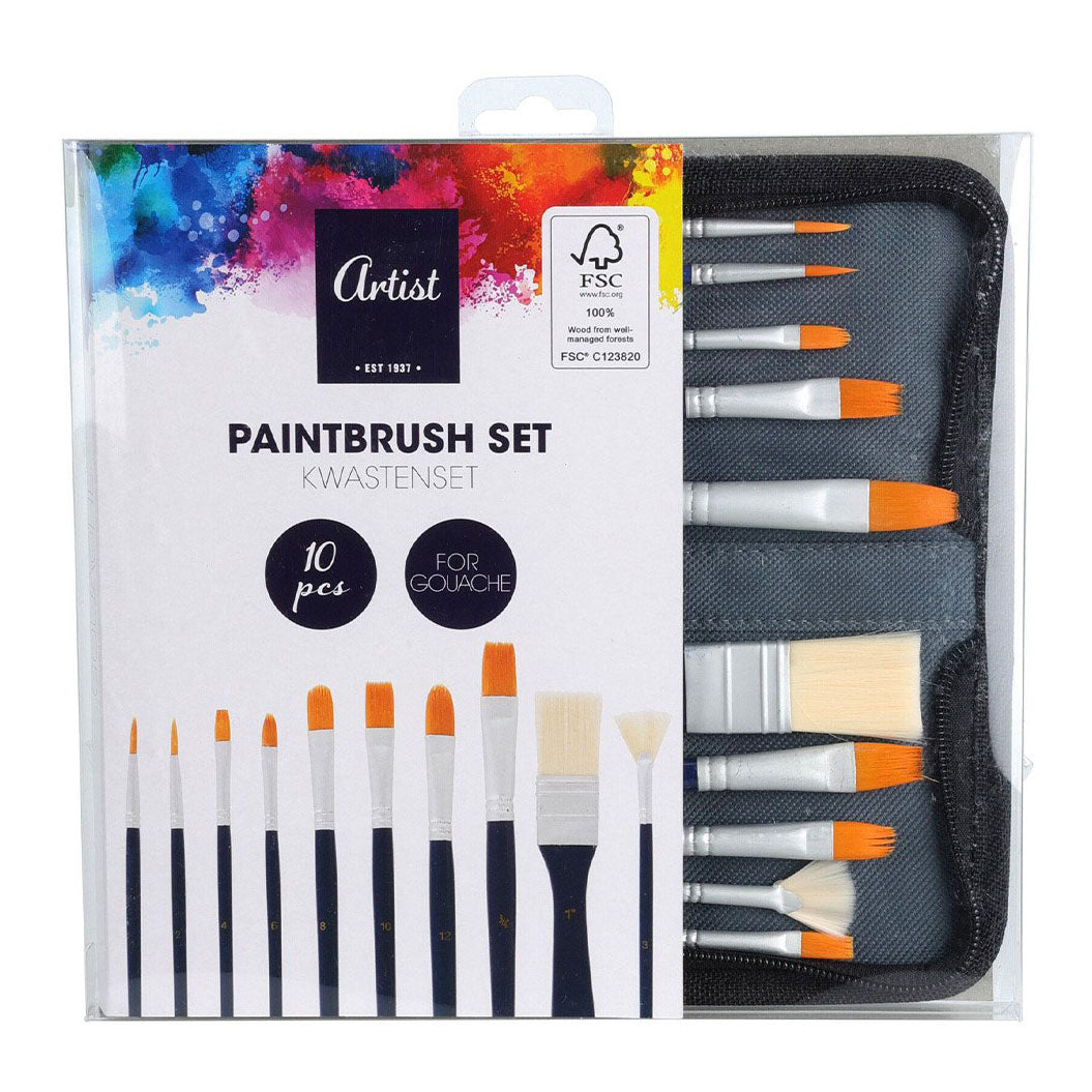Gouache brush set in storage bag. 10 pcs.