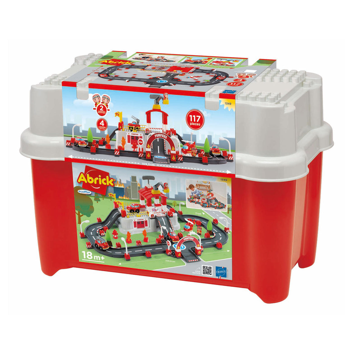 Abrick ecoiffier bouwset - brandweer speelton met deksel als speelbasis - inclusief accessoires voor mini-stad - opbergen in ton - vanaf 18 maanden