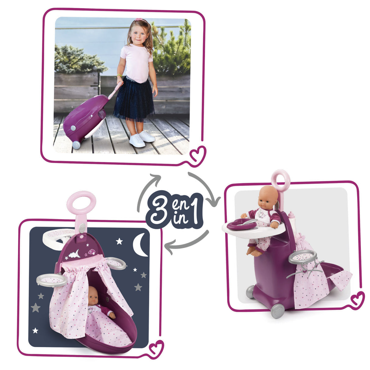 Carrinho de cuidados com enfermeira bebê smoby 3in1