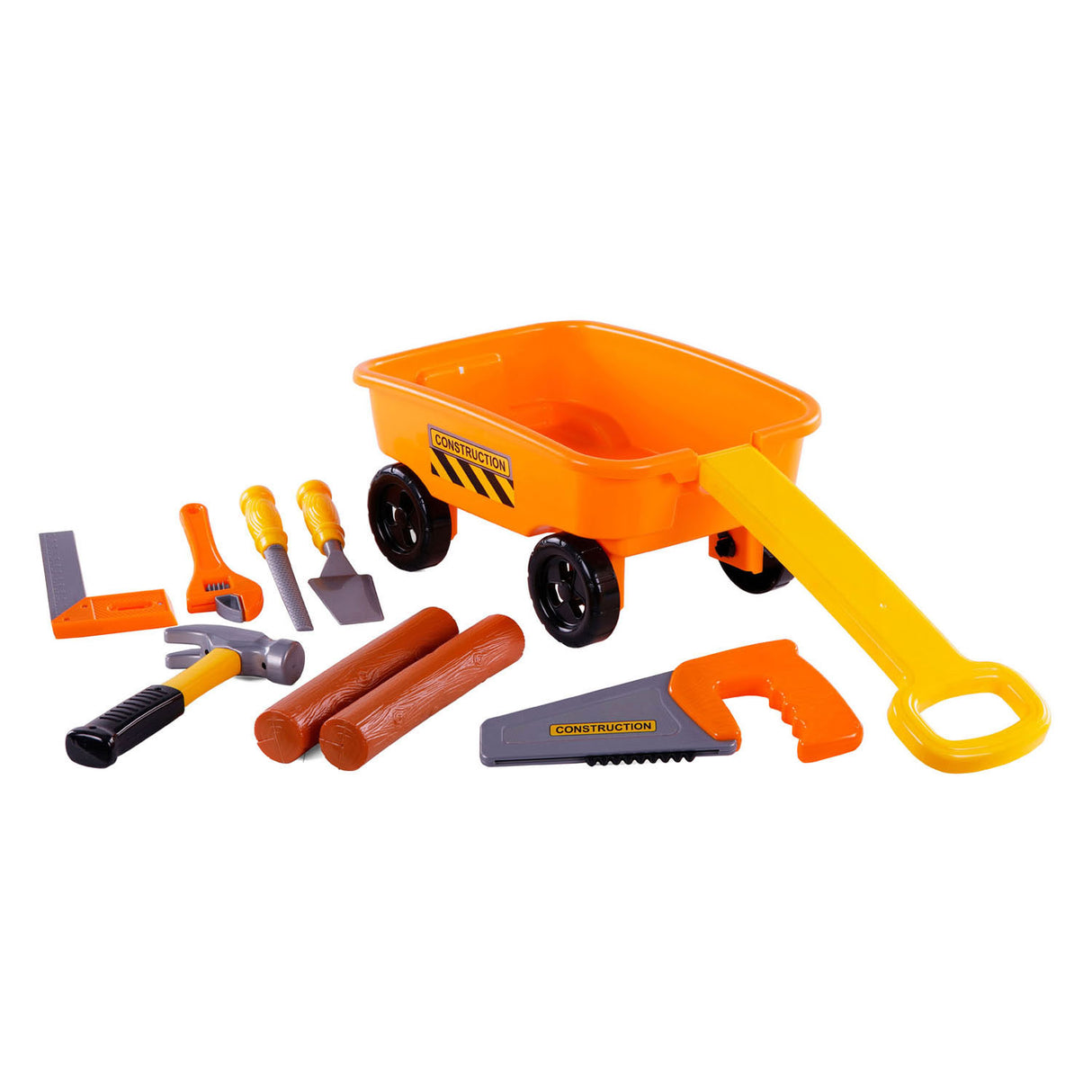 Cavallino orange handcart with tools and tree trunks, 9-piece.