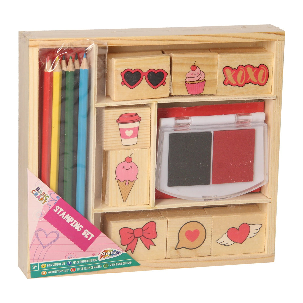 Ensemble de tampons en bois de groupe d'artisanat créatif avec crayons de couleur