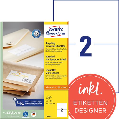 Gerecycleerde universele etiketten avery zweckform lr3655 21x148mm
