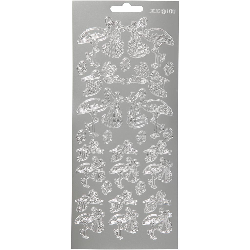Creativ company stickers, stork with baby, sheet 10x23 cm, silver, 1 sheet