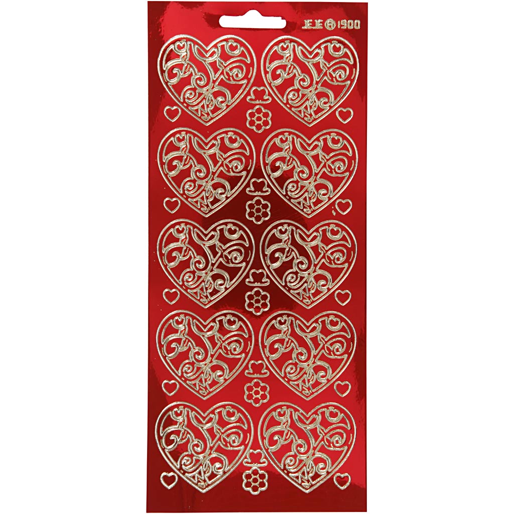 Creativ company stickers, hearts, sheet 10x23 cm, gold, transparent red, 1 sheet