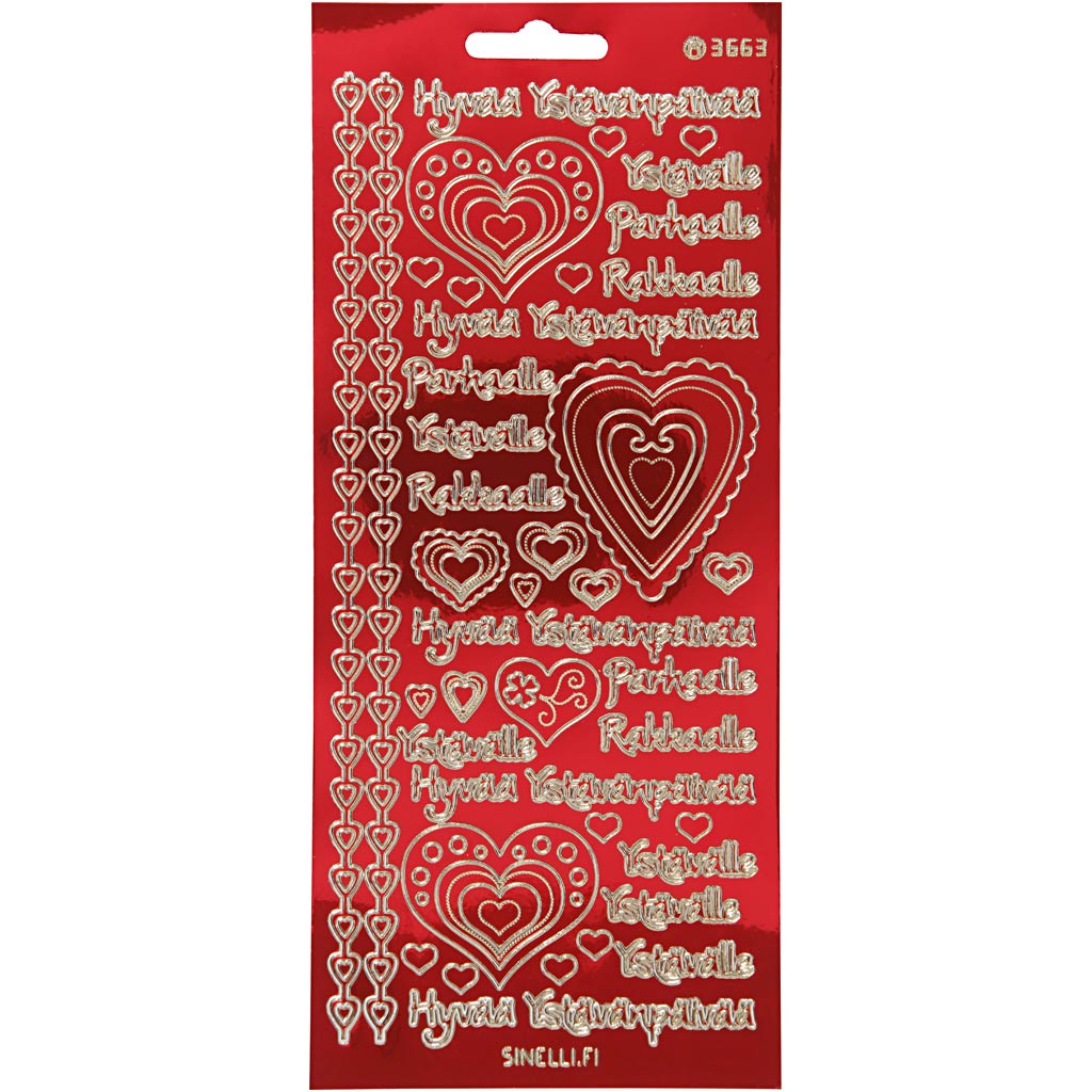 Creativ company stickers, hyvaa ystävänpäivää, sheet 10x23 cm, gold, transparent red, 1 sheet