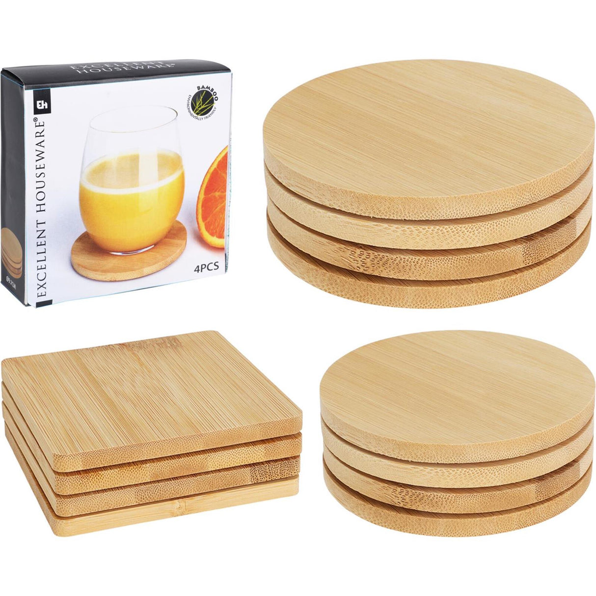 Excellent houseware housware round bamboo coasters 6.5 cm 4 pieces