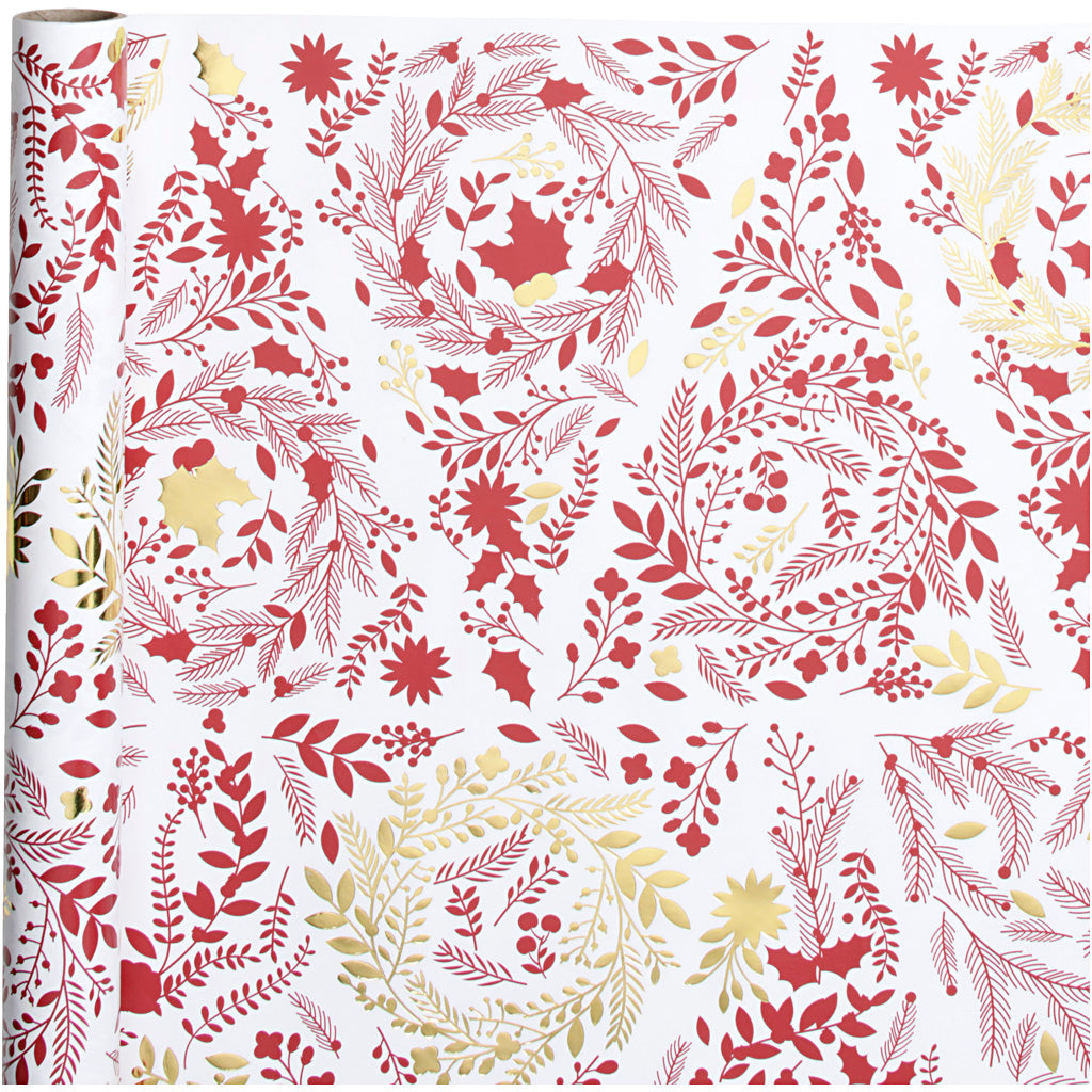 Creative company wrapping paper, Christmas trees, w: 50 cm, 80 gr, gold, red, white, 3 m 1 roll