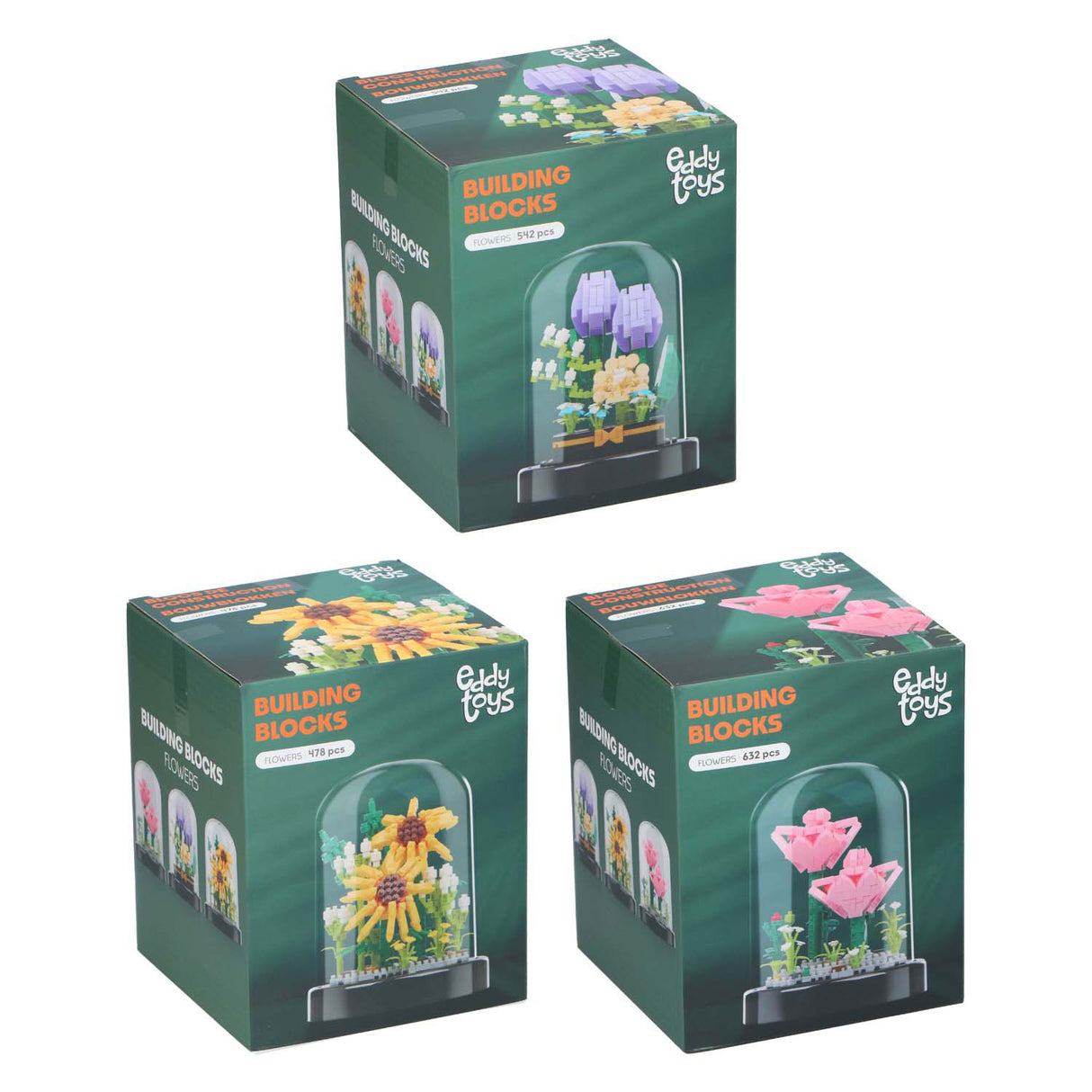 Bouwblokken bloemen in glazen stolp
