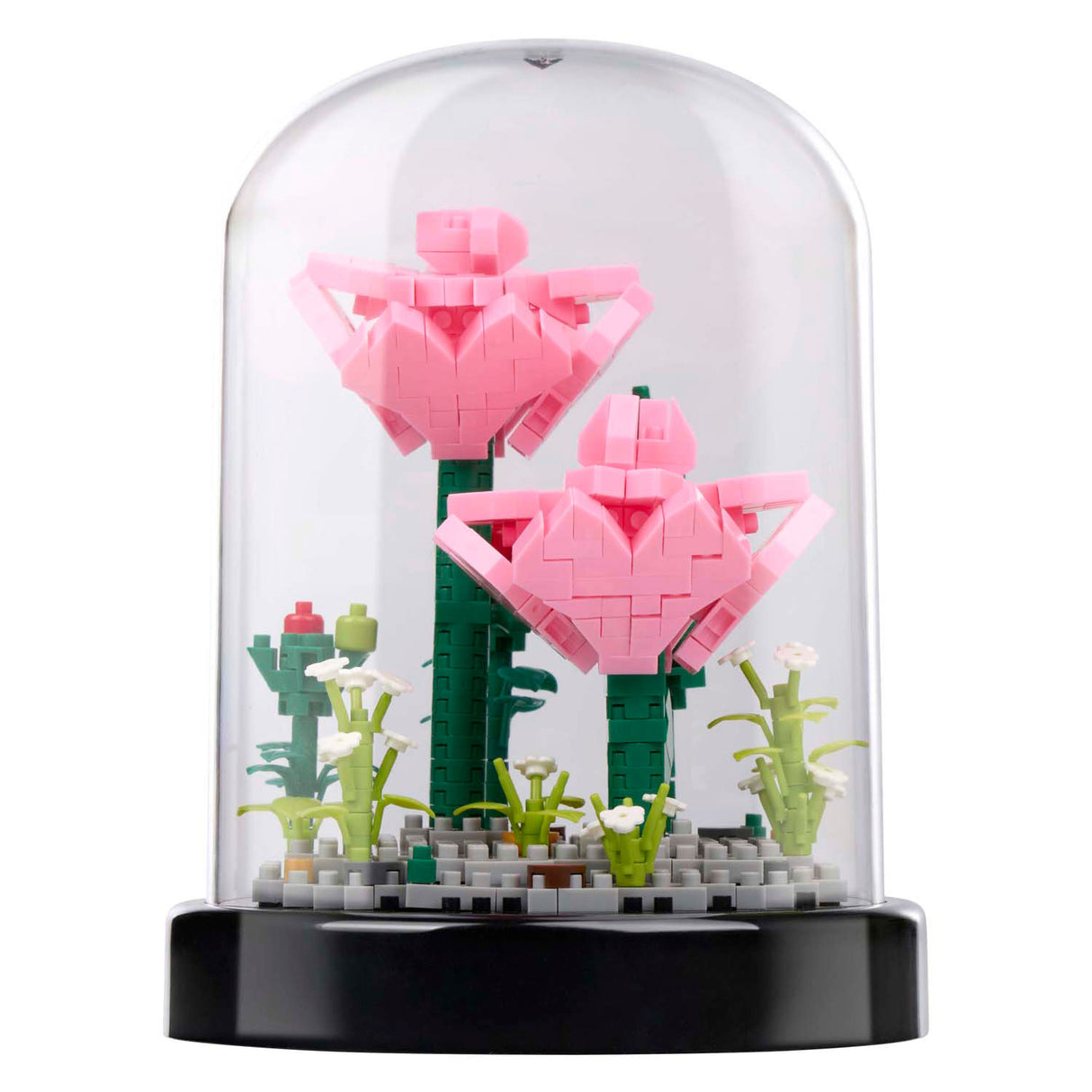 Bouwblokken bloemen in glazen stolp
