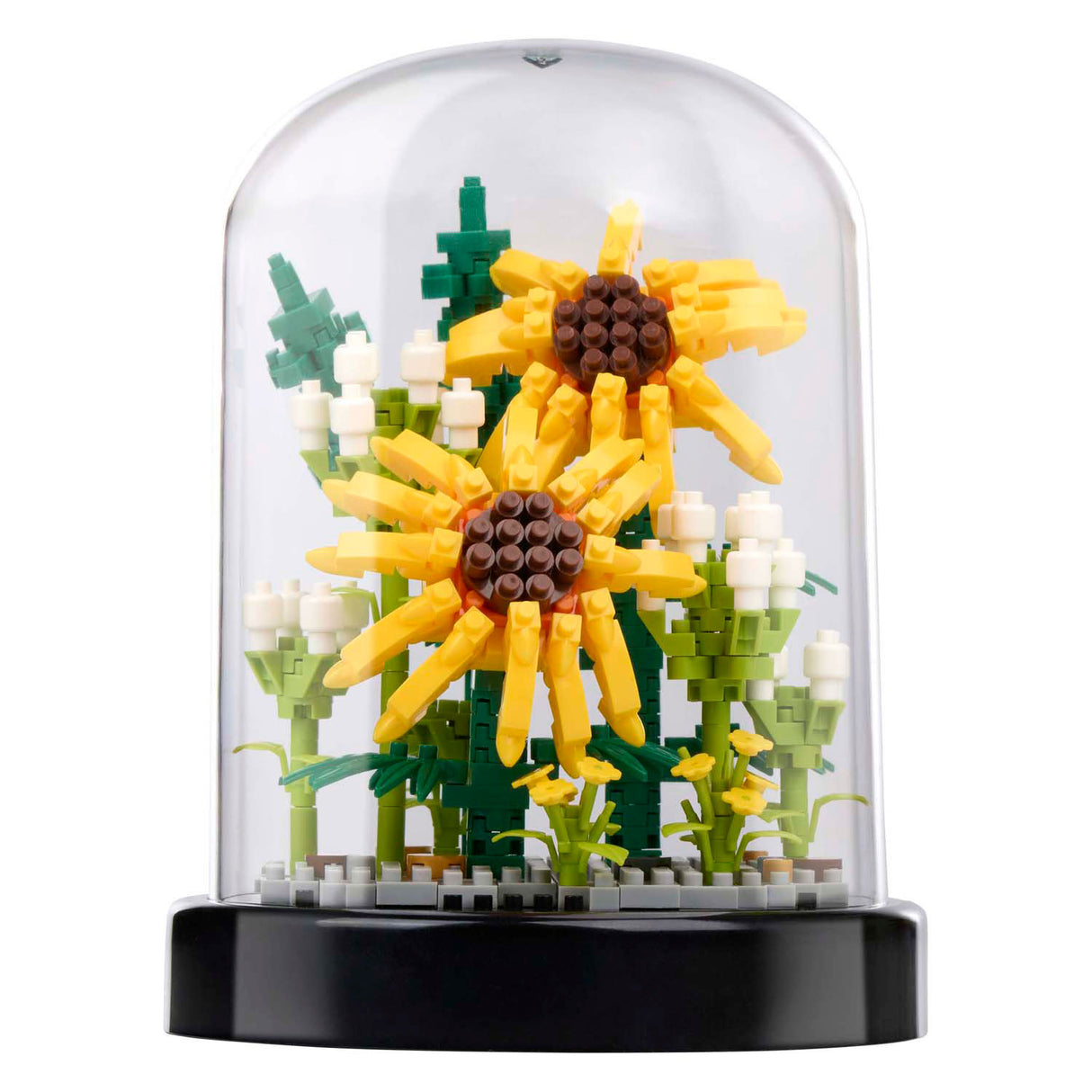Bouwblokken bloemen in glazen stolp