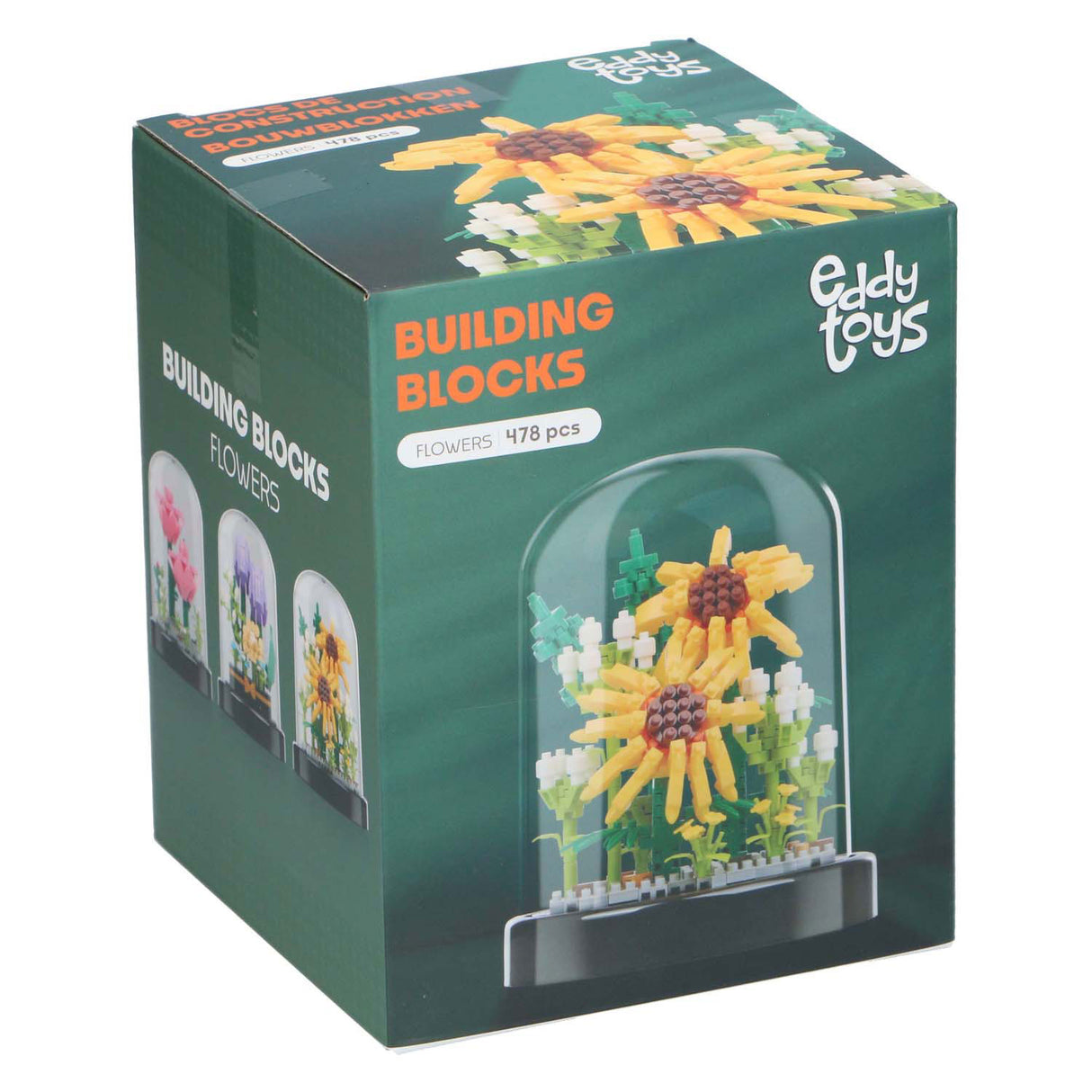 Bouwblokken bloemen in glazen stolp