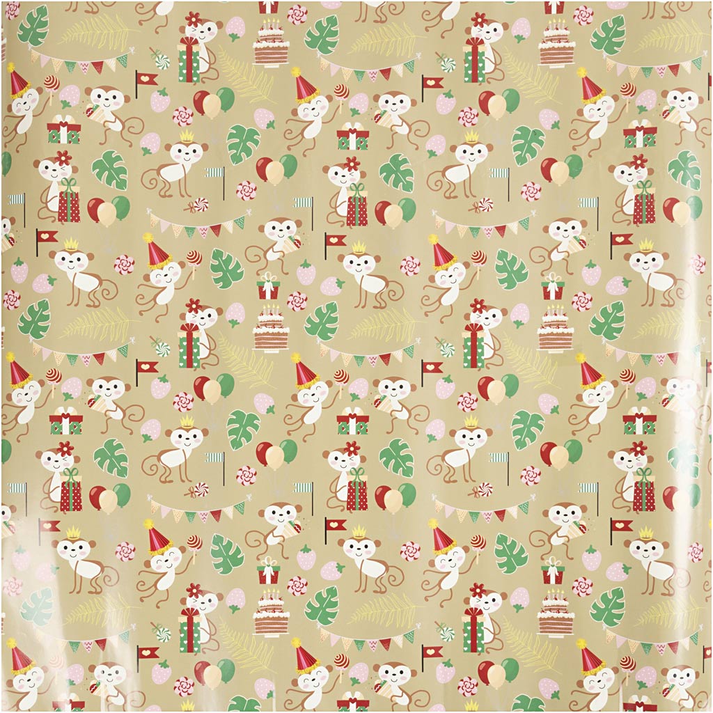 Creativ company inpakpapier, feestelijke aapjes, b: 50 cm, 80 gr, 100 m 1 rol