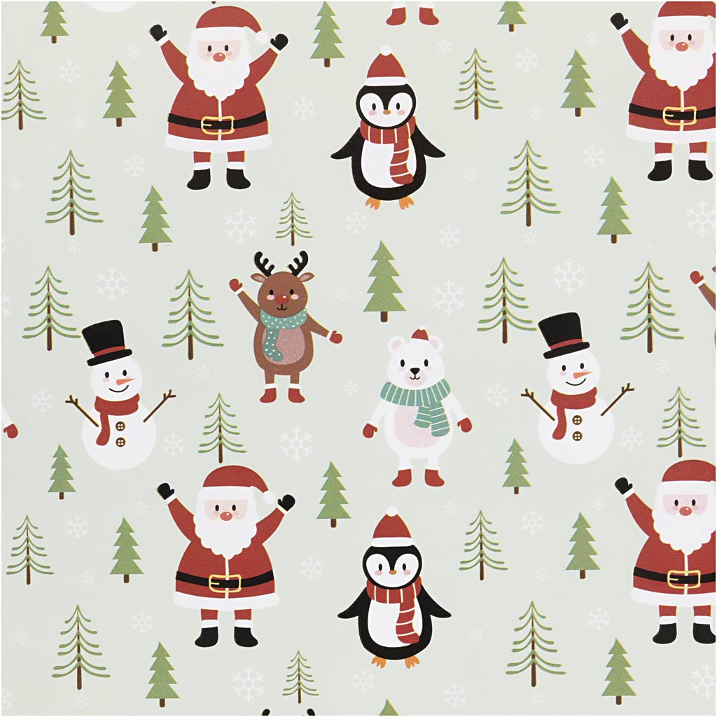 Creativ company inpakpapier, kerstman, sneeuwman, rendier, ijsbeer en pinguïn, b: 50 cm, 80 gr, ice blue, 5 m 1 rol
