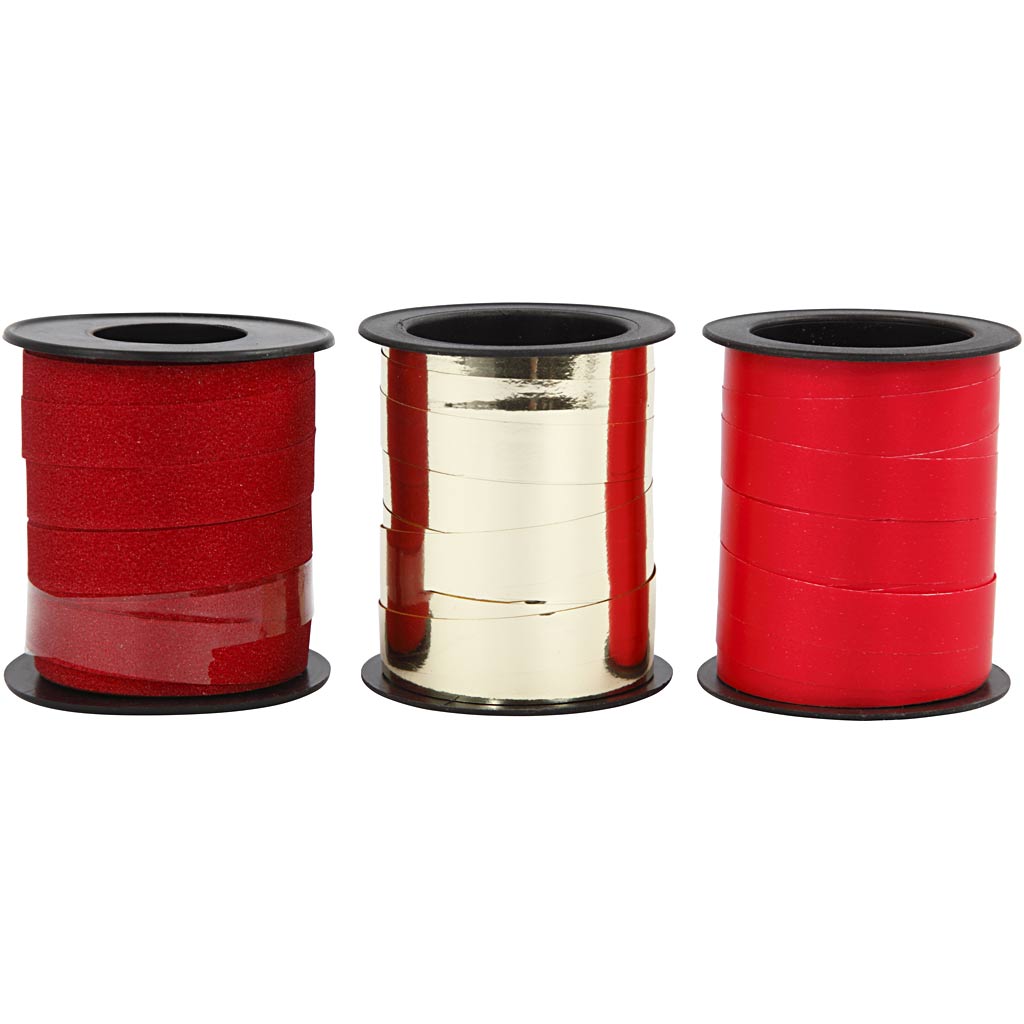 Creativ company gift ribbon, w: 10 mm, gold, red, red glitter, 3x15 m 1 box