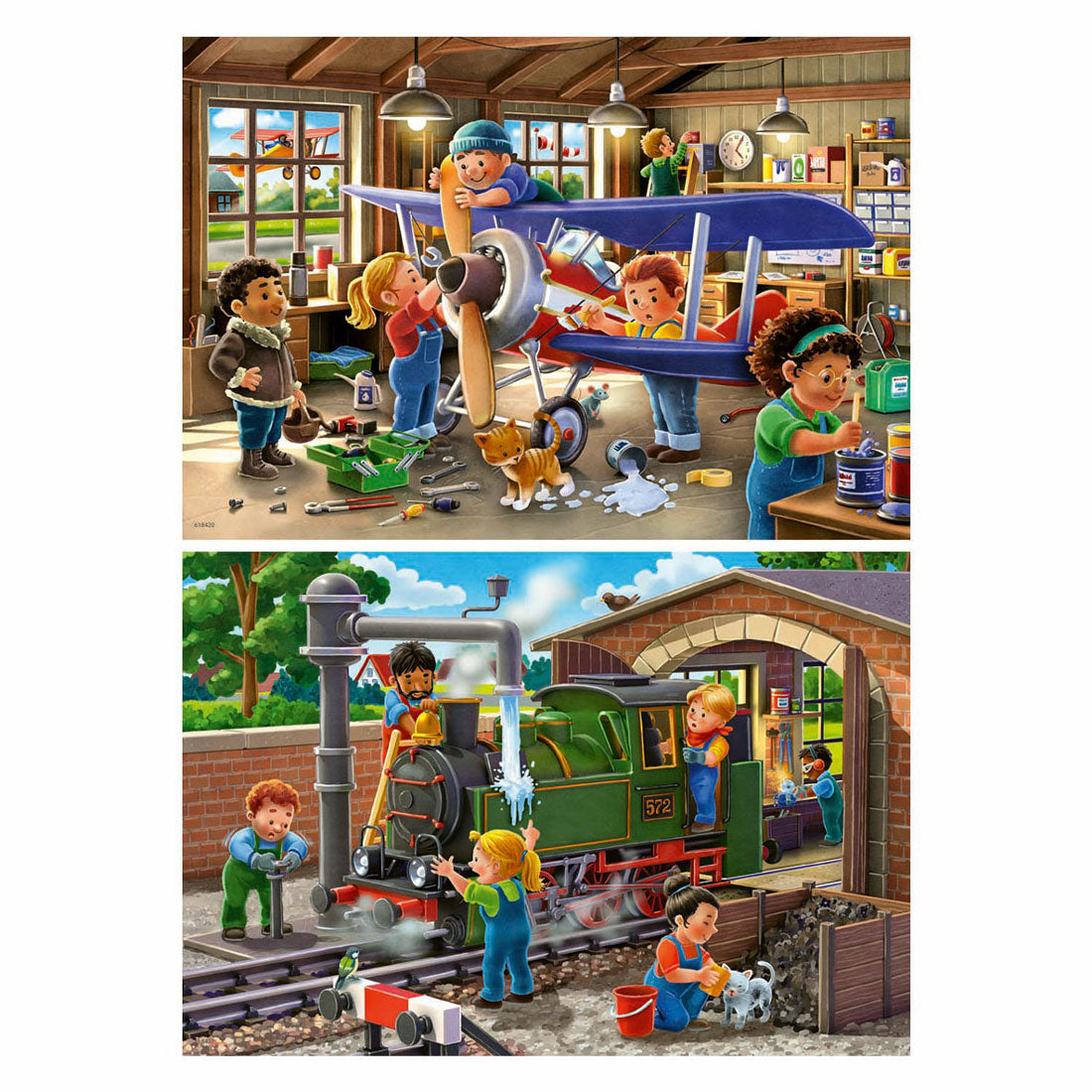 Ravensburger legpuzzel vliegtuig en trein reparatie, 2x24st.