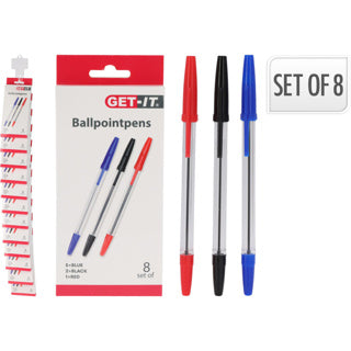 No brand balpennen set van 8, rood, zwart, blauw