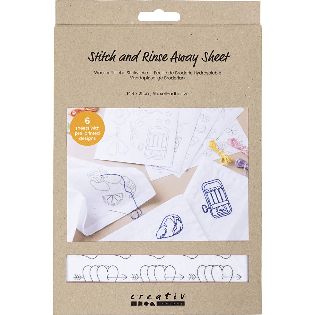 Creativ company wateroplosbare borduurvellen, decoratieve dessins, a5, vel 148,5x210 mm, 6 vel 1 doos