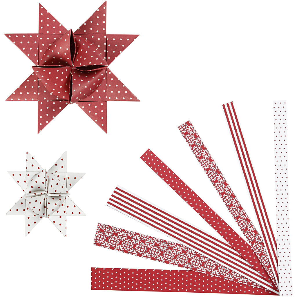 Vivi gade paper braiding strips, l: 44+78 cm, w: 15+25 mm, d 6.5+11.5 cm, red, white, 60 strips 1 box