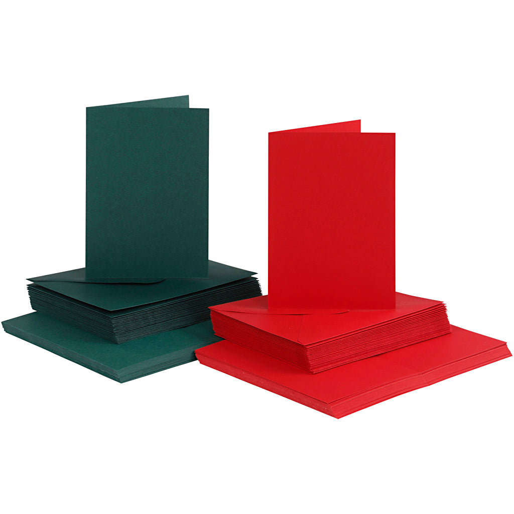 Creativ company kaarten en enveloppen, afmeting kaart 10,5x15 cm, afmeting envelop 11,5x16,5 cm, 110+230 gr, groen, rood, 50 set 1 doos