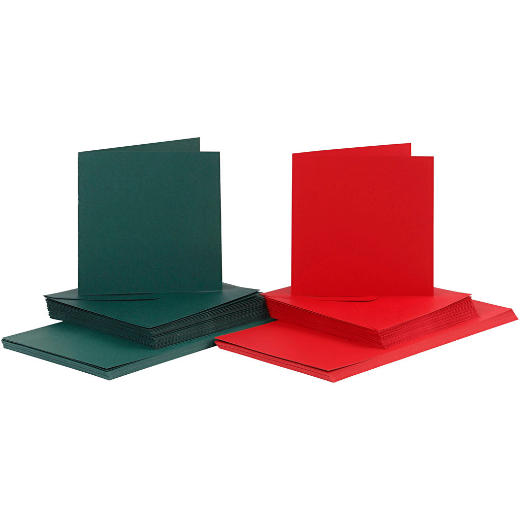Creativ company kaarten en enveloppen, afmeting kaart 15x15 cm, afmeting envelop 16x16 cm, 110+230 gr, groen, rood, 50 set 1 doos