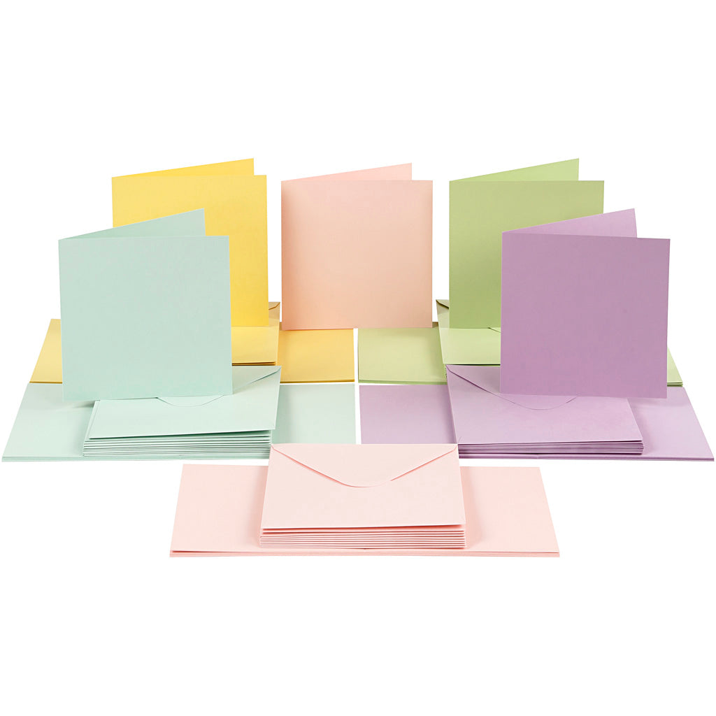 Creativ company kaarten en enveloppen, afmeting kaart 15x15 cm, afmeting envelop 16x16 cm, 110+220 gr, pastelkleuren, 50 set 1 doos